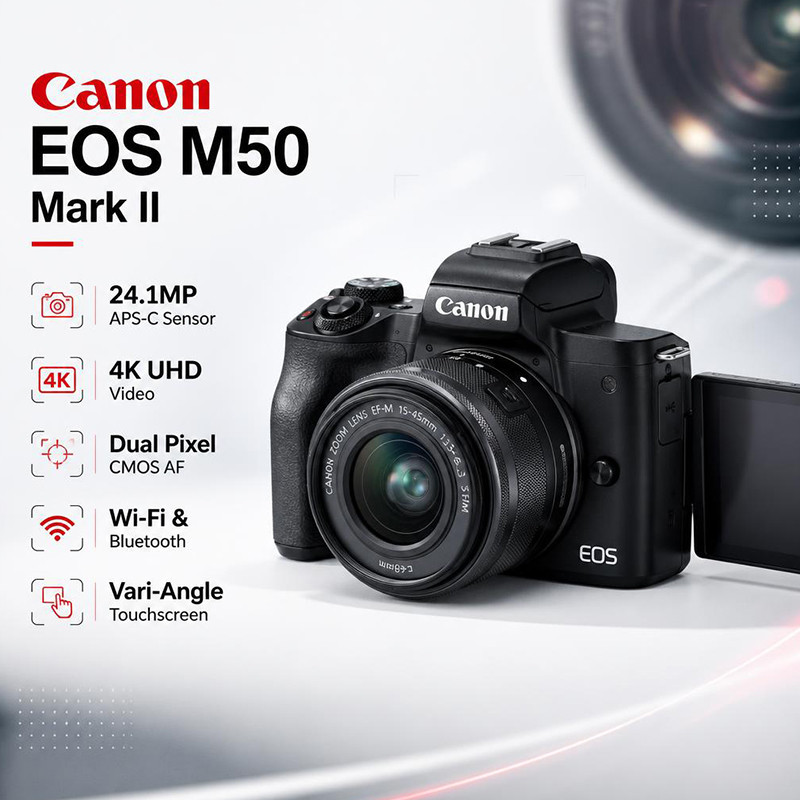 Canon EOS M50 Mark II Mirrorless Camera with 15-45mm IS STM Lens – 24.1MP, 4K Video, Wi-Fi & Bluetooth
