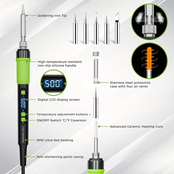 YEEHONEC 90W Soldering Iron Kit - LCD Display, Adjustable Temp 180-500°C | 5 Tips
